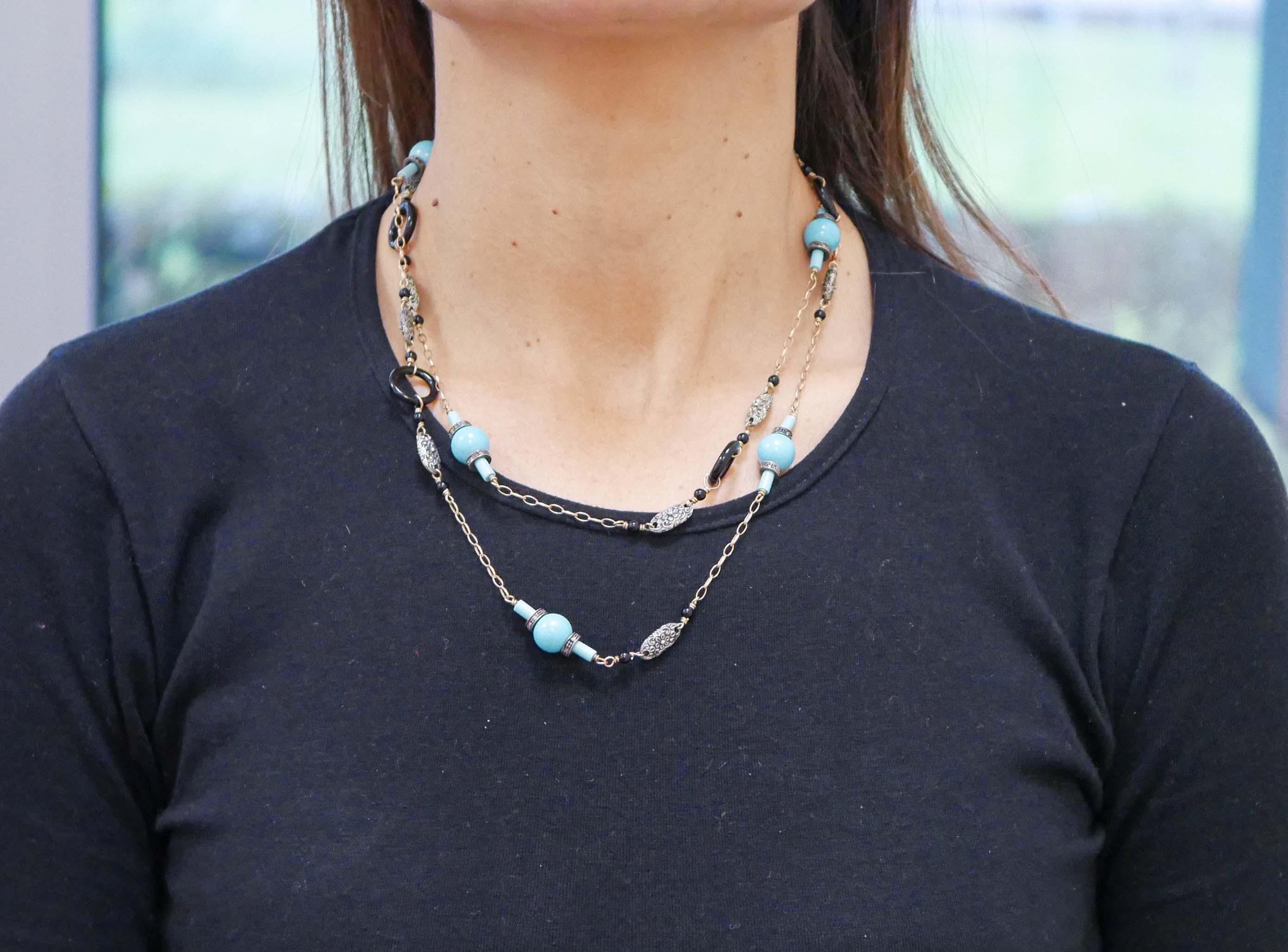 Retro Turquoise, Onyx, Diamonds, Rose Gold and Silver Retrò Necklace For Sale