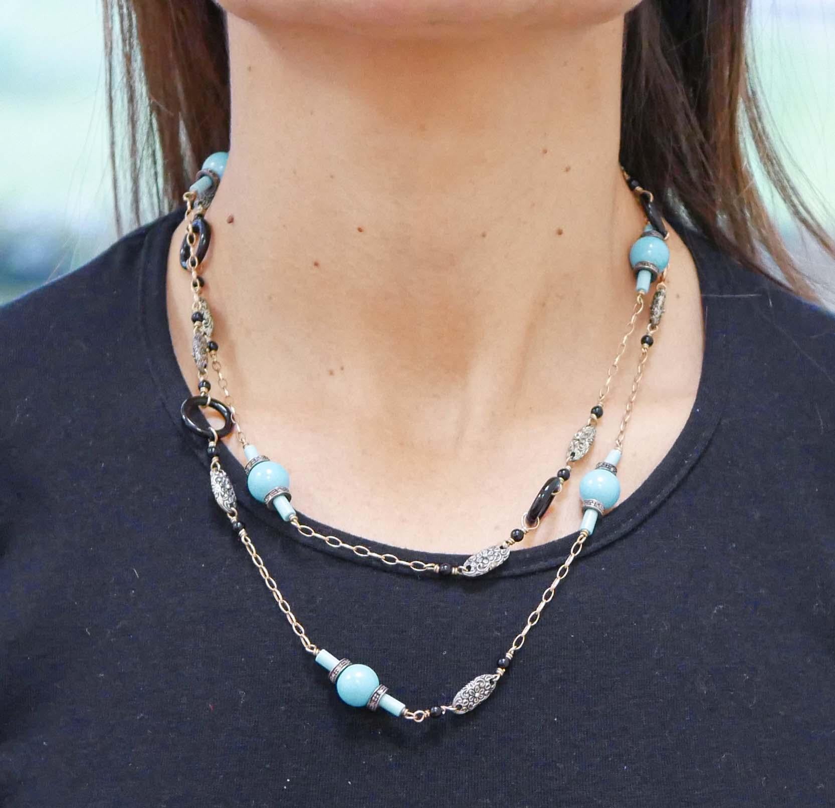 Mixed Cut Turquoise, Onyx, Diamonds, Rose Gold and Silver Retrò Necklace For Sale