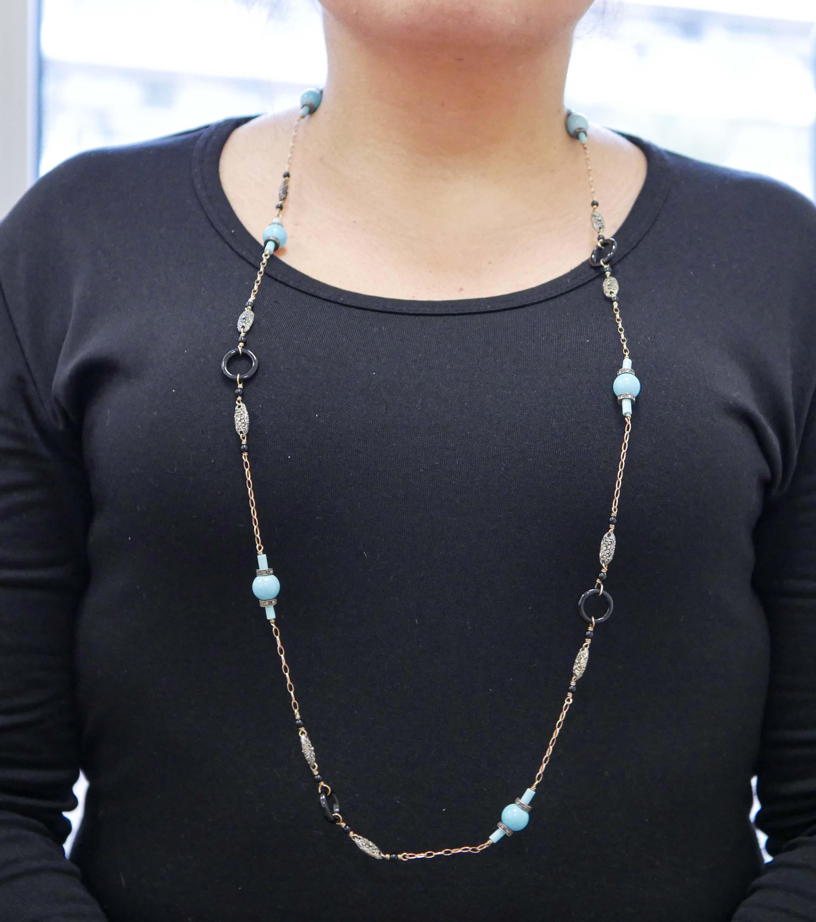 Turquoise, Onyx, Diamonds, Rose Gold and Silver Retrò Necklace In Good Condition For Sale In Marcianise, Marcianise (CE)