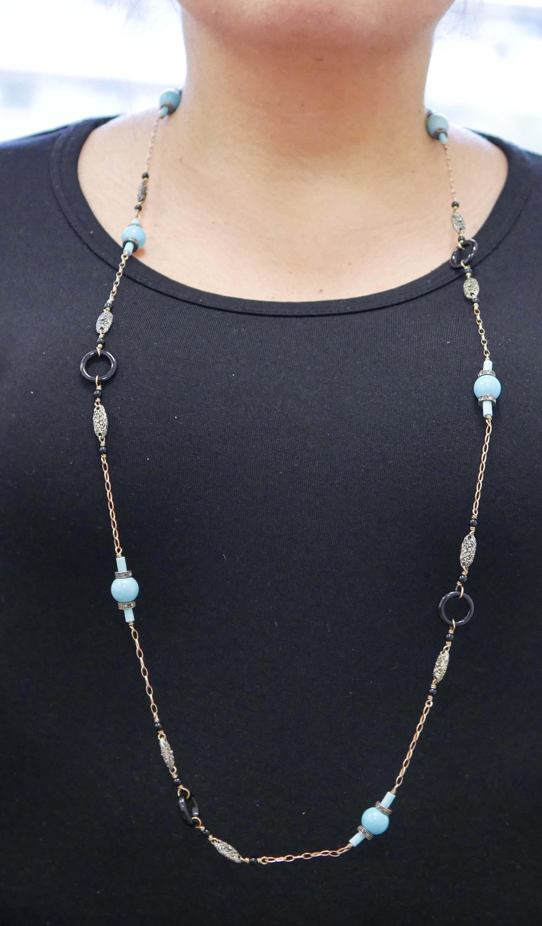 Women's Turquoise, Onyx, Diamonds, Rose Gold and Silver Retrò Necklace For Sale