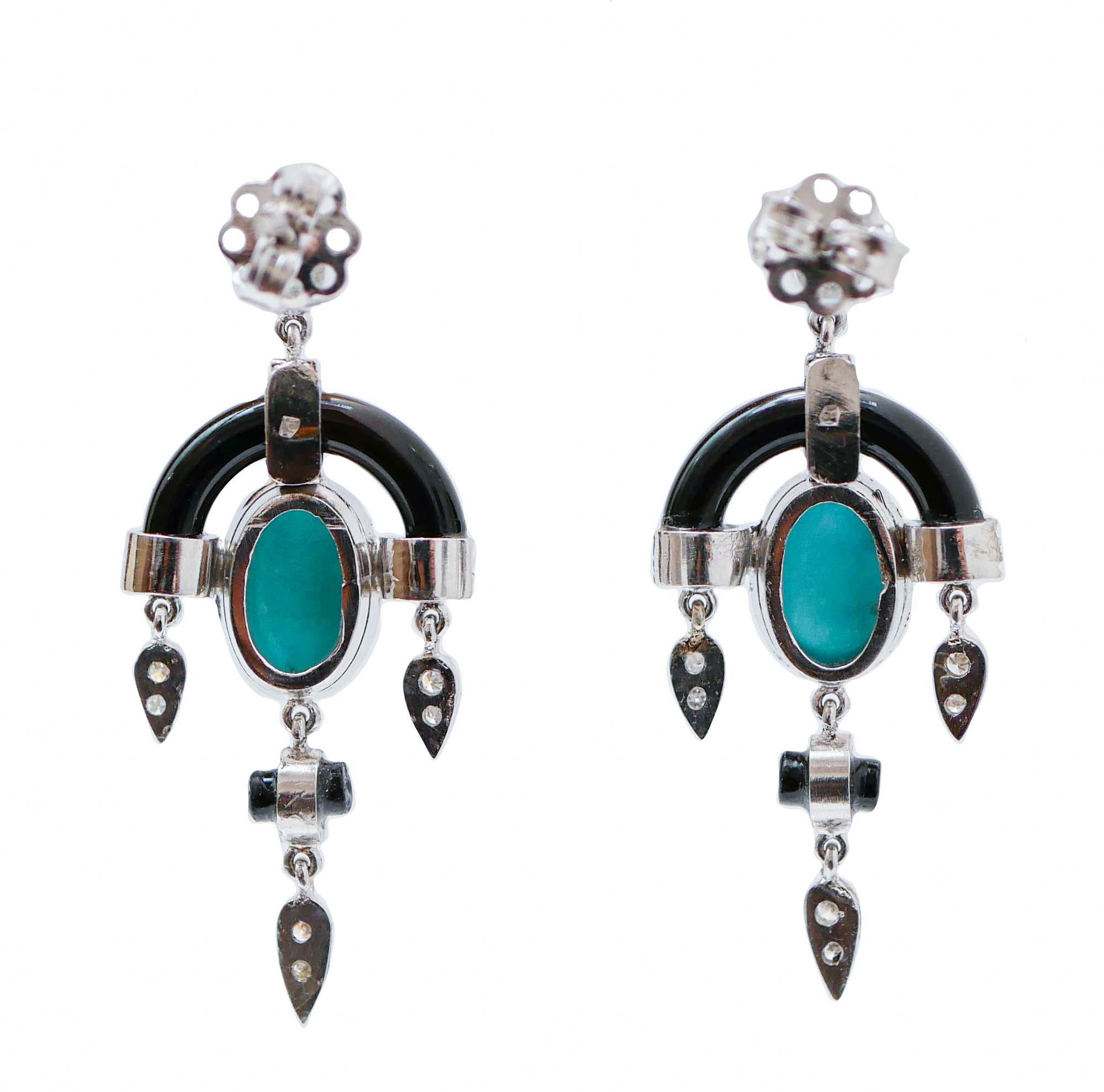 Retro Turquoise, Onyx, Diamonds, Topazs, Platinum Retrò Earrings. For Sale