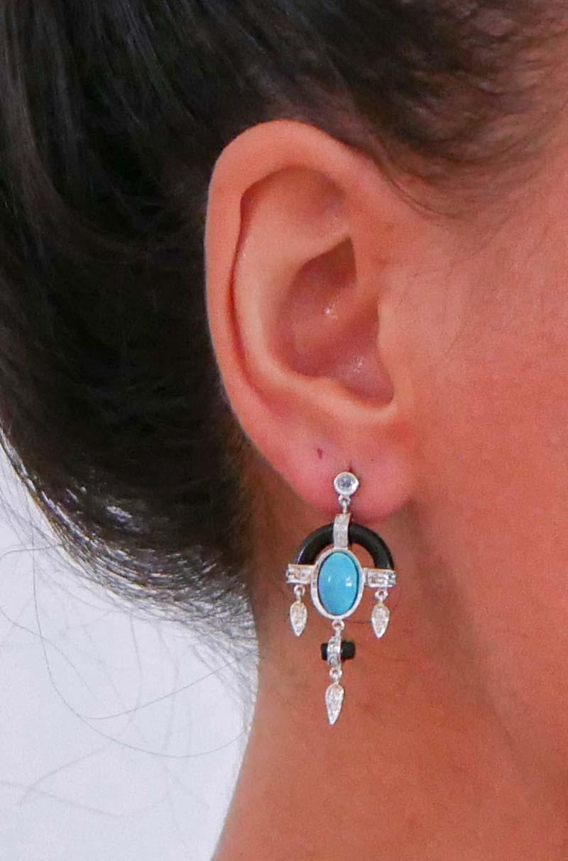 Turquoise, Onyx, Diamonds, Topazs, Platinum Retrò Earrings. In Good Condition For Sale In Marcianise, Marcianise (CE)