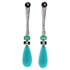 Turquoise, Onyx, Emeralds, Diamonds, Platinum Earrings.