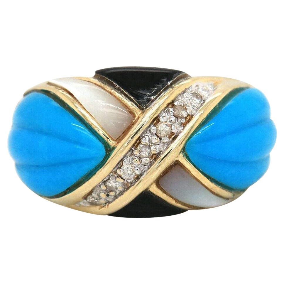 Turquoise, Onyx, Mother of Pearl and Diamond Accent Ring in 14K Yellow Gold For Sale