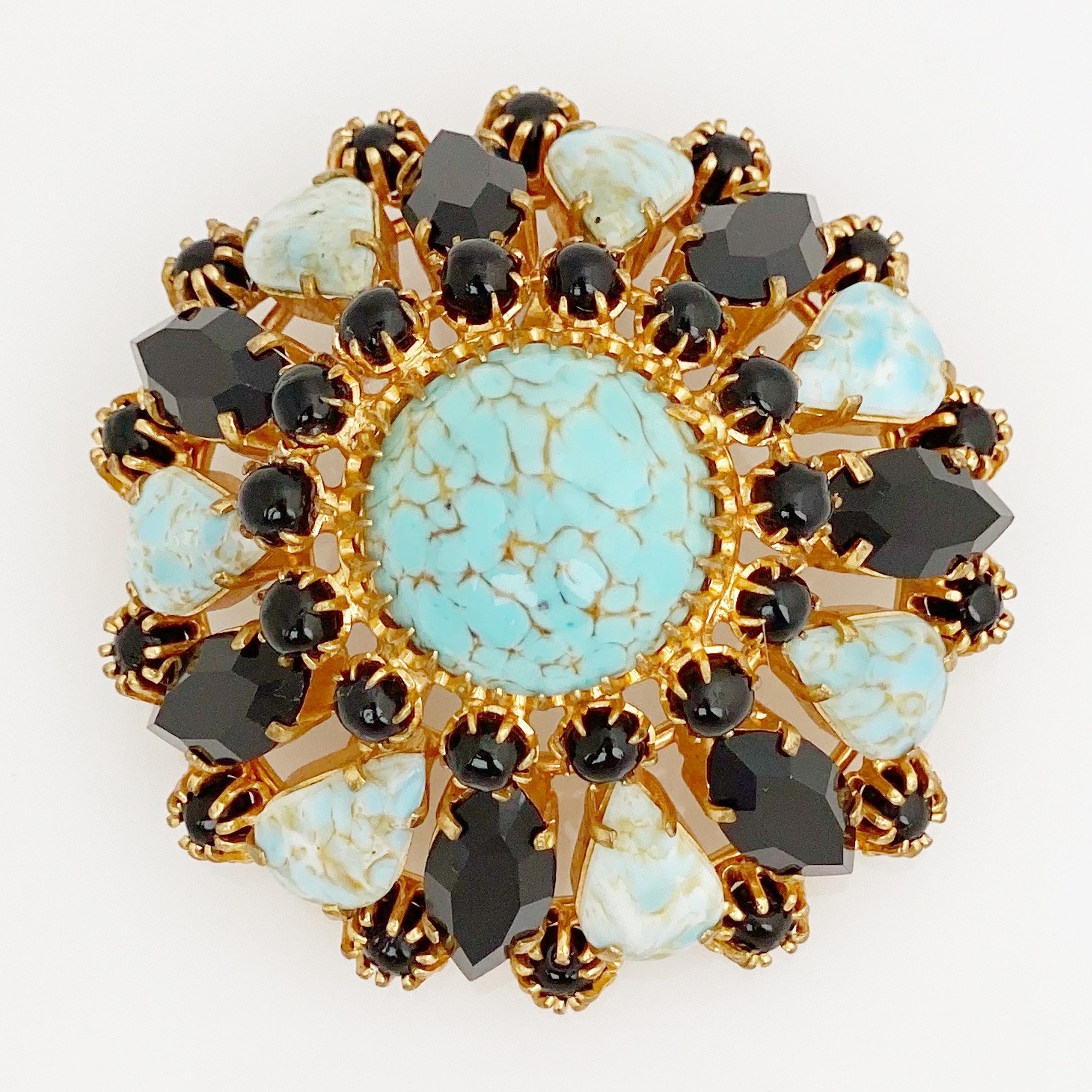 Modern Turquoise & Onyx Rhinestone Juliana Style Domed Brooch, 1960s