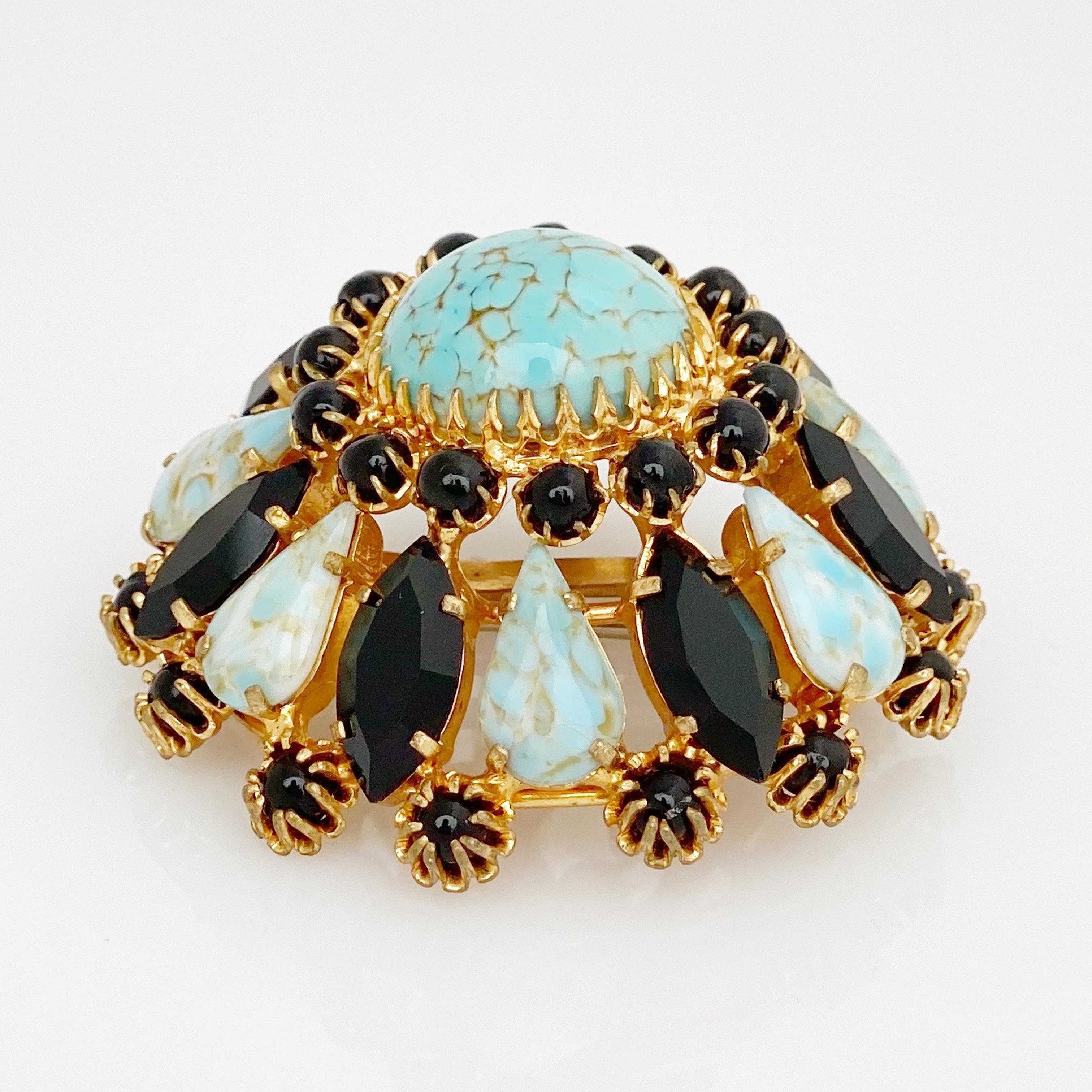 Turquoise & Onyx Rhinestone Juliana Style Domed Brooch, 1960s In Good Condition In McKinney, TX