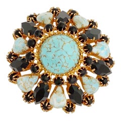 Vintage Turquoise & Onyx Rhinestone Juliana Style Domed Brooch, 1960s