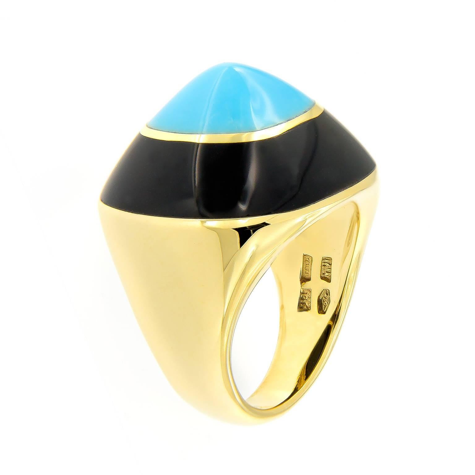 Turquoise & Onyx Sugarloaf Style 18 Karat Yellow Gold Ring In New Condition For Sale In Troy, MI