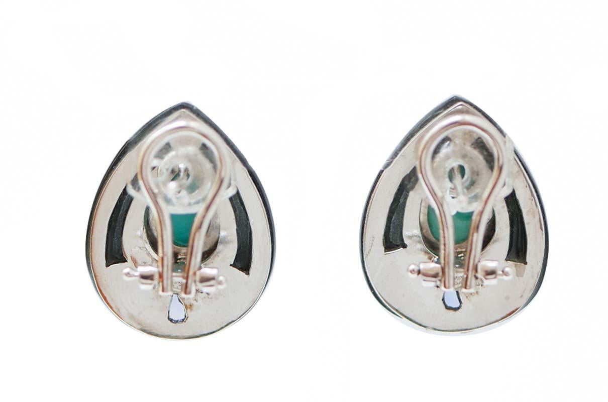 Retro Turquoise, Onyx, Tanzanite, Diamonds, Platinum and 14 Karat White Gold Earrings. For Sale
