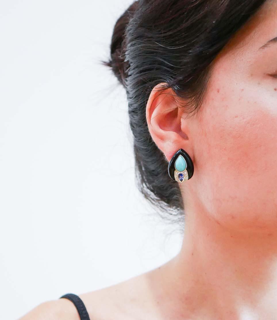 Mixed Cut Turquoise, Onyx, Tanzanite, Diamonds, Platinum and 14 Karat White Gold Earrings. For Sale