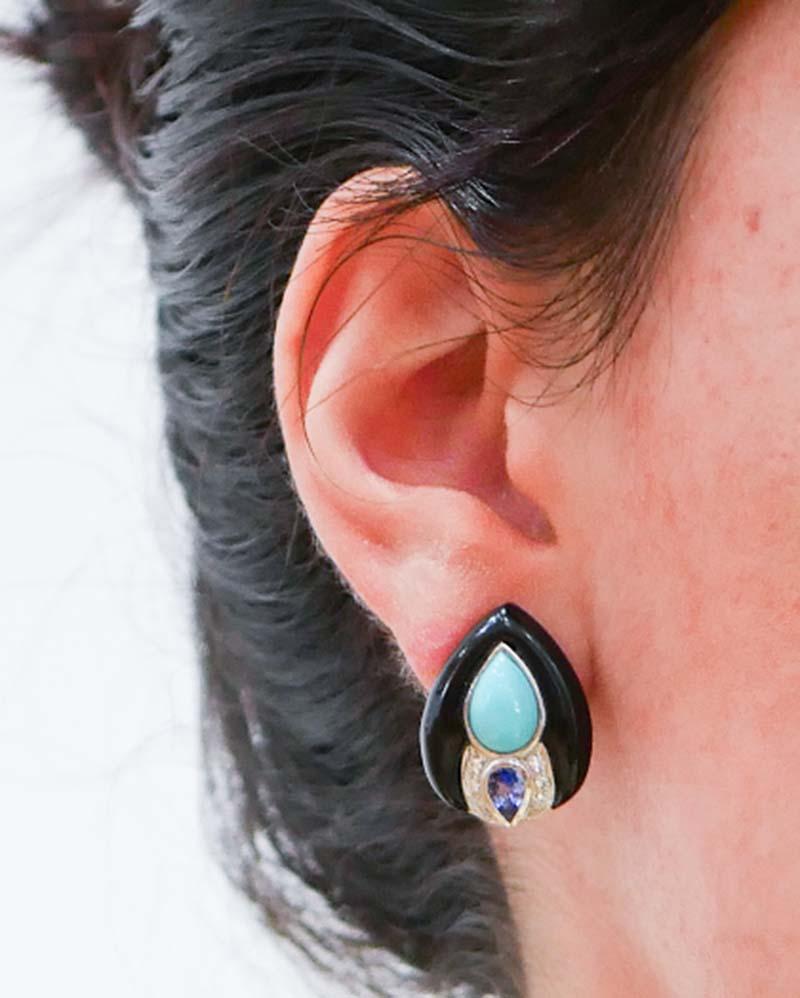 Turquoise, Onyx, Tanzanite, Diamonds, Platinum and 14 Karat White Gold Earrings. In Good Condition For Sale In Marcianise, Marcianise (CE)