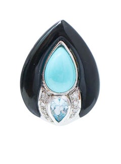 Turquoise, Onyx, Topaz, Diamonds, Platinum and 14 Karat White Gold Earrings.