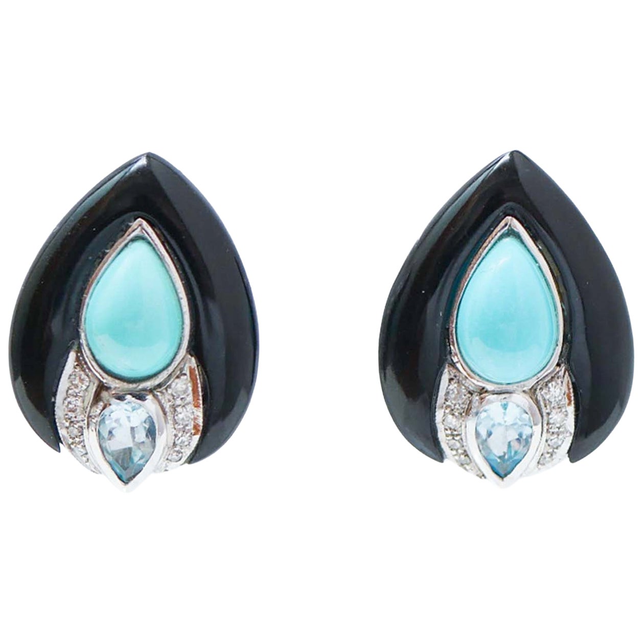 Turquoise, Onyx, Topaz, Diamonds, Platinum and 14 Karat White Gold Earrings.