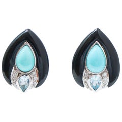 Turquoise, Onyx, Topaz, Diamonds, Platinum and 14 Karat White Gold Earrings.