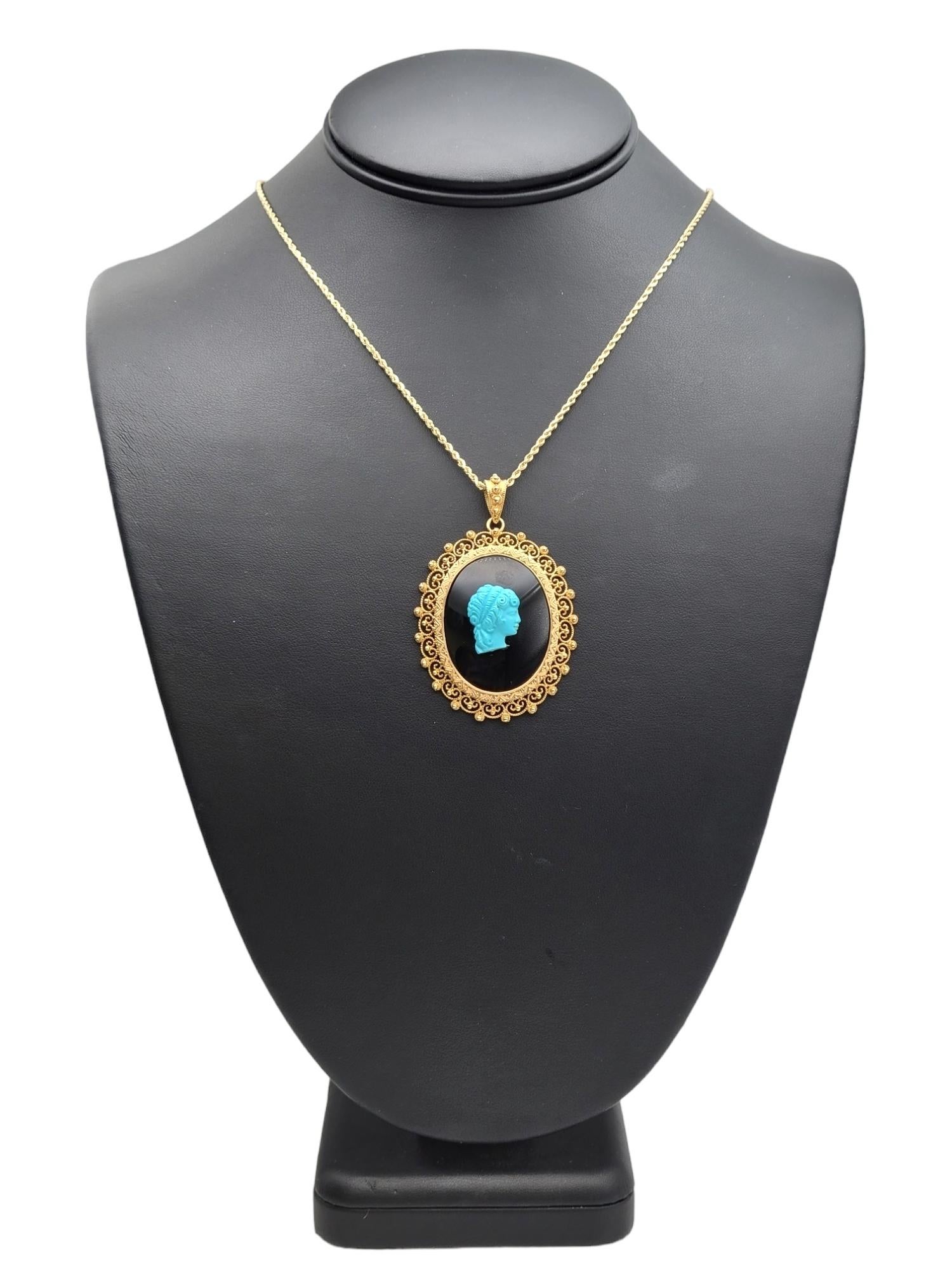 Turquoise & Onyx Victorian Lady Cameo Oval Pendant Set in 14 Karat Yellow Gold  For Sale 2