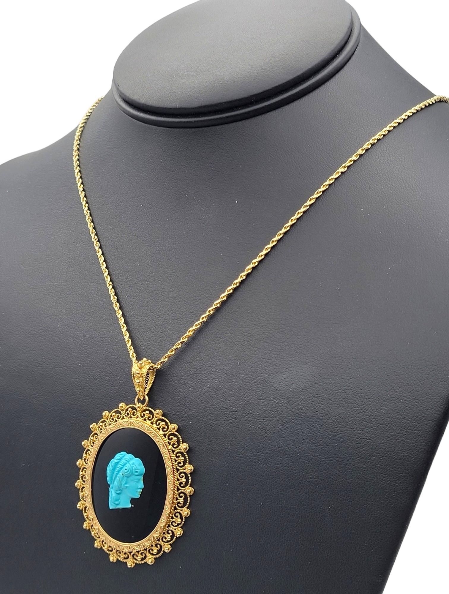 Turquoise & Onyx Victorian Lady Cameo Oval Pendant Set in 14 Karat Yellow Gold  For Sale 3