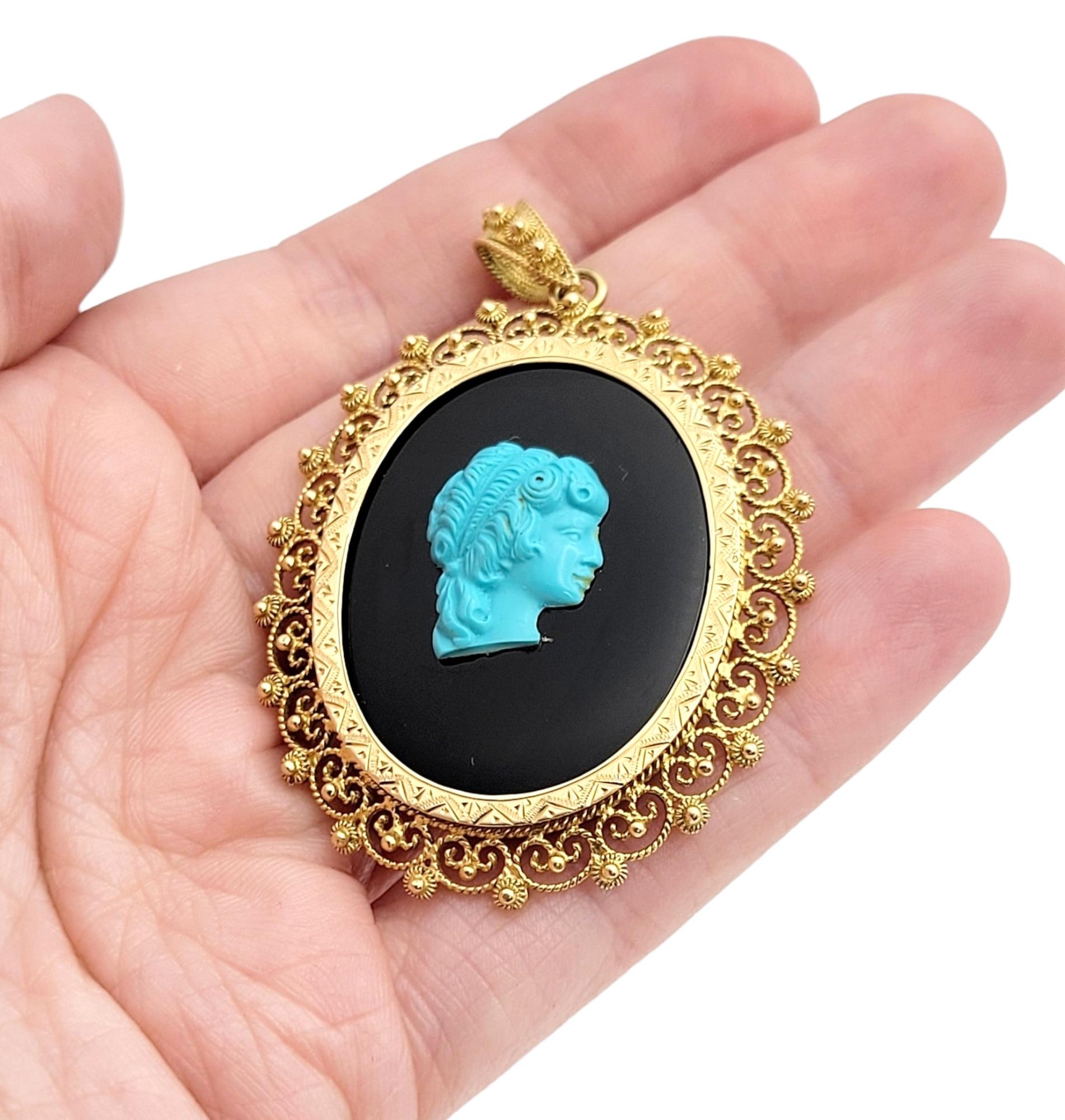 Turquoise & Onyx Victorian Lady Cameo Oval Pendant Set in 14 Karat Yellow Gold  For Sale 4