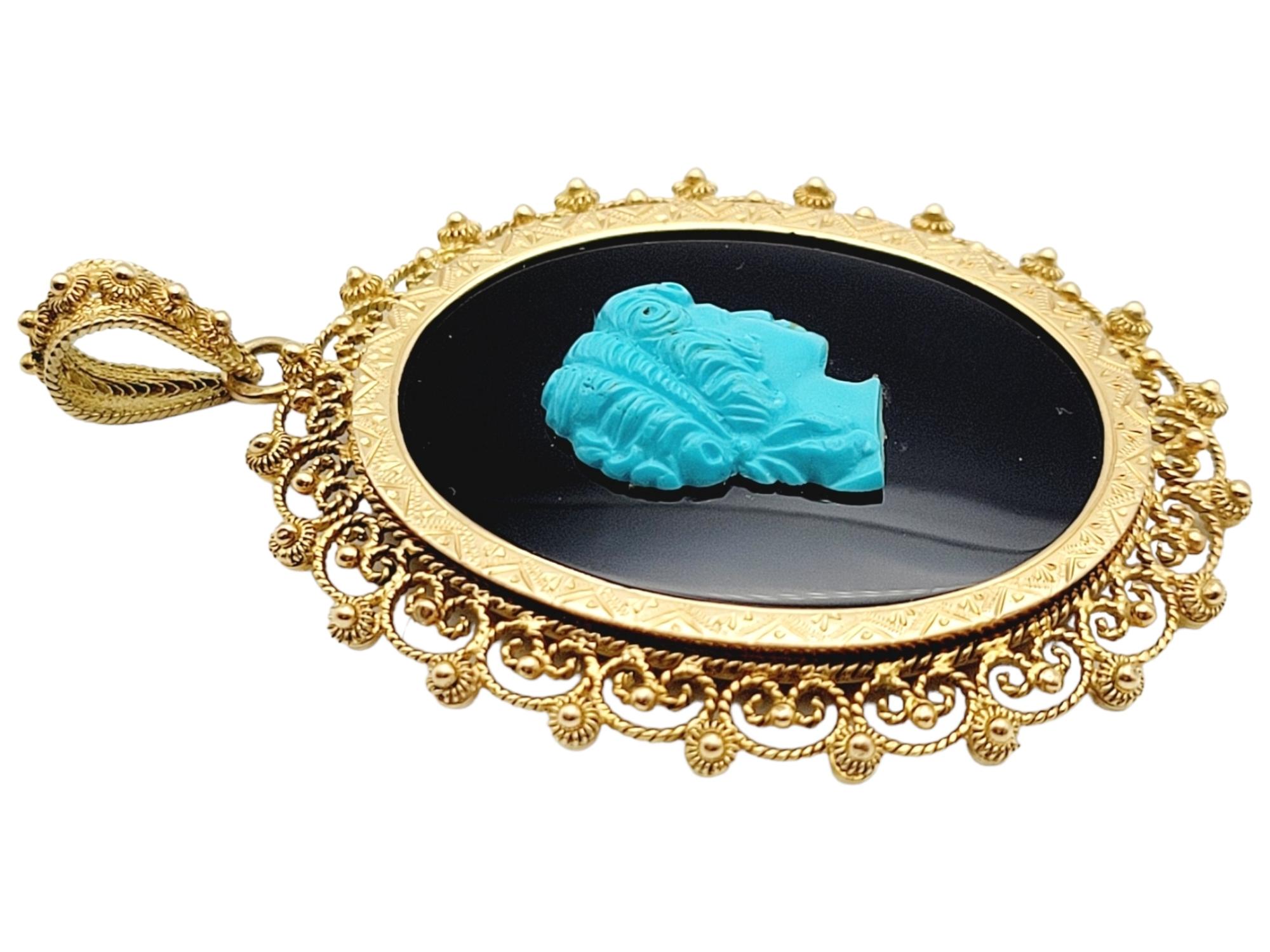 This captivating Victorian lady cameo pendant showcases the mesmerizing beauty of turquoise and onyx. Bezel set in 14-karat yellow gold, this unique pendant exudes elegance and sophistication.

The centerpiece of this pendant is a stunning vibrant