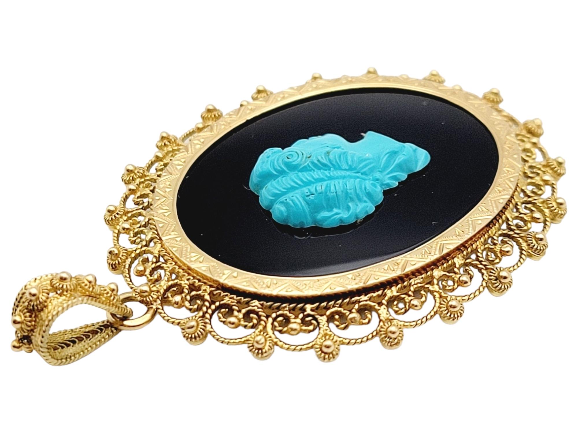 Contemporain Pendentif camée ovale victorien pour femme en or jaune 14 carats, turquoise et onyx  en vente