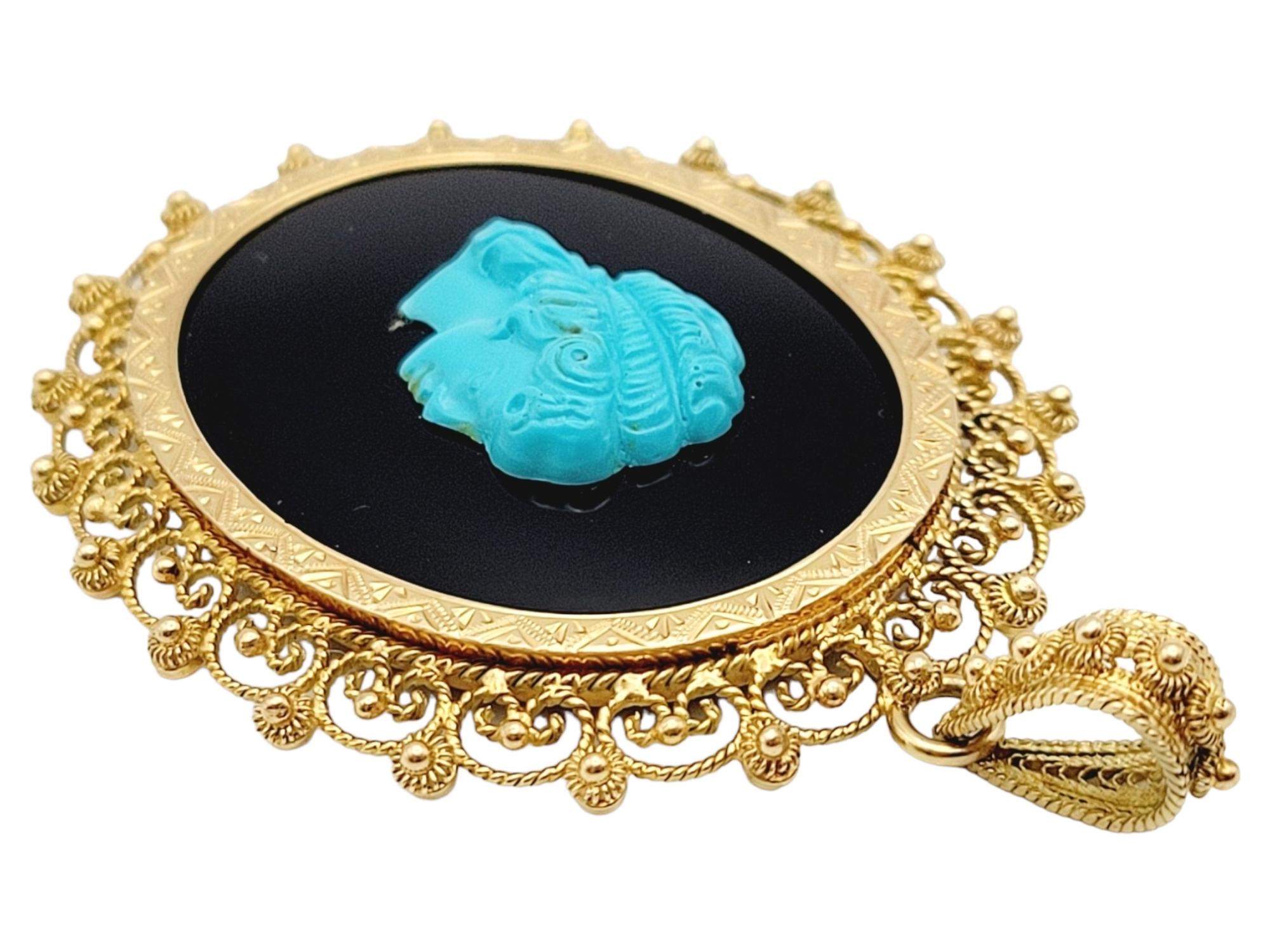 Ovaler viktorianischer Kamee-Anhänger aus 14 Karat Gelbgold mit Türkis und Onyx (Ungeschliffen)
