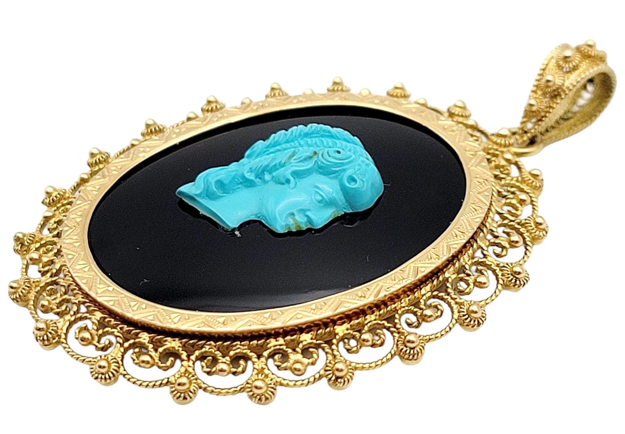 Contemporary Turquoise & Onyx Victorian Lady Cameo Oval Pendant Set in 14 Karat Yellow Gold  For Sale