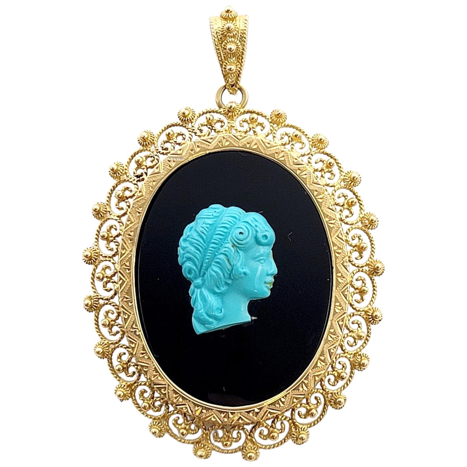 Uncut Turquoise & Onyx Victorian Lady Cameo Oval Pendant Set in 14 Karat Yellow Gold  For Sale