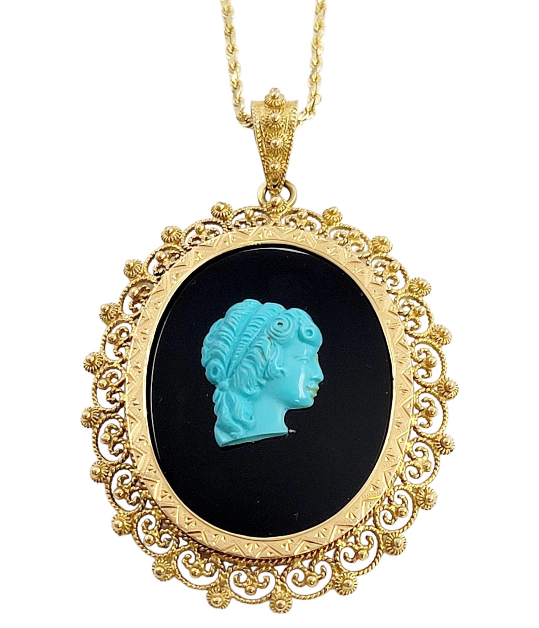 Women's Turquoise & Onyx Victorian Lady Cameo Oval Pendant Set in 14 Karat Yellow Gold  For Sale