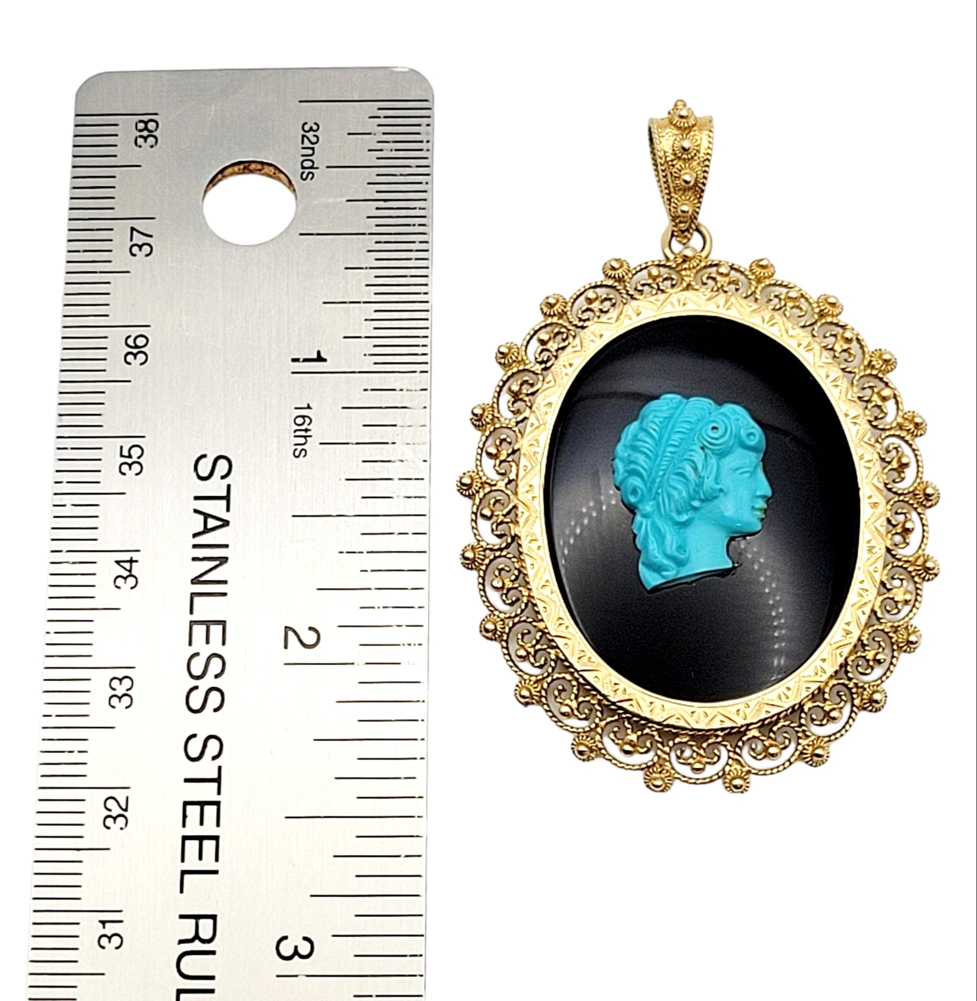 Turquoise & Onyx Victorian Lady Cameo Oval Pendant Set in 14 Karat Yellow Gold  For Sale 1