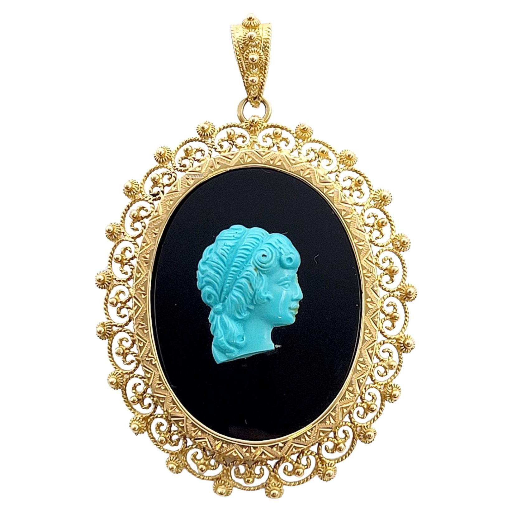 Turquoise & Onyx Victorian Lady Cameo Oval Pendant Set in 14 Karat Yellow Gold  For Sale