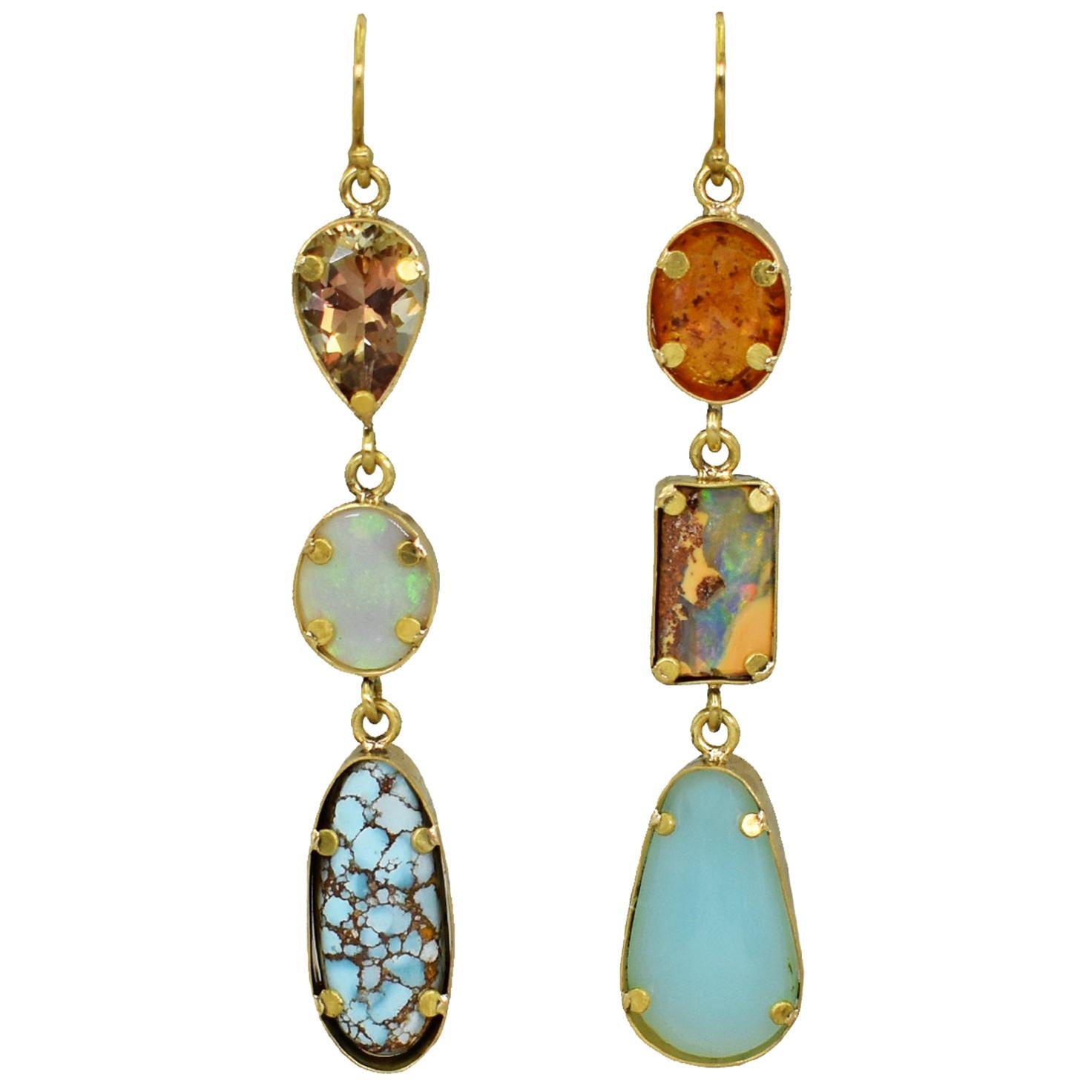 Turquoise, Opal, and Amber Multi-Gemstone 22 Karat Gold Dangle Earrings