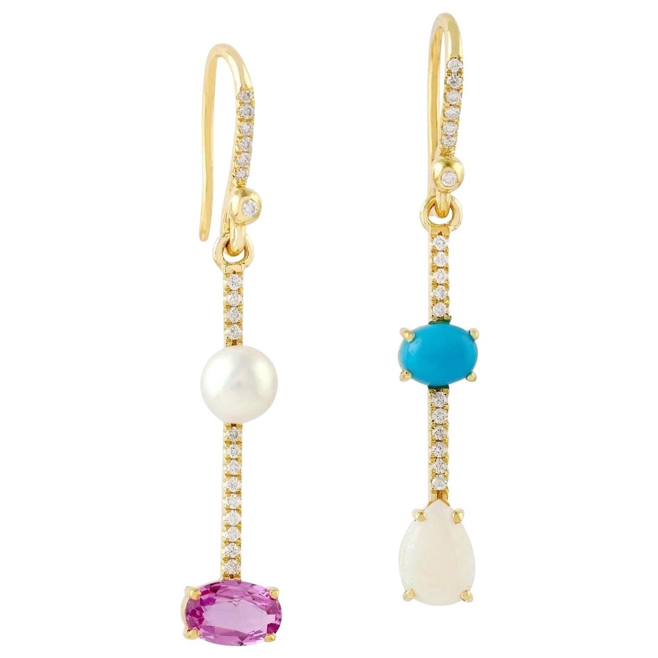 Turquoise Opal Pearl Diamond 14 Karat Gold Linear Earrings For Sale