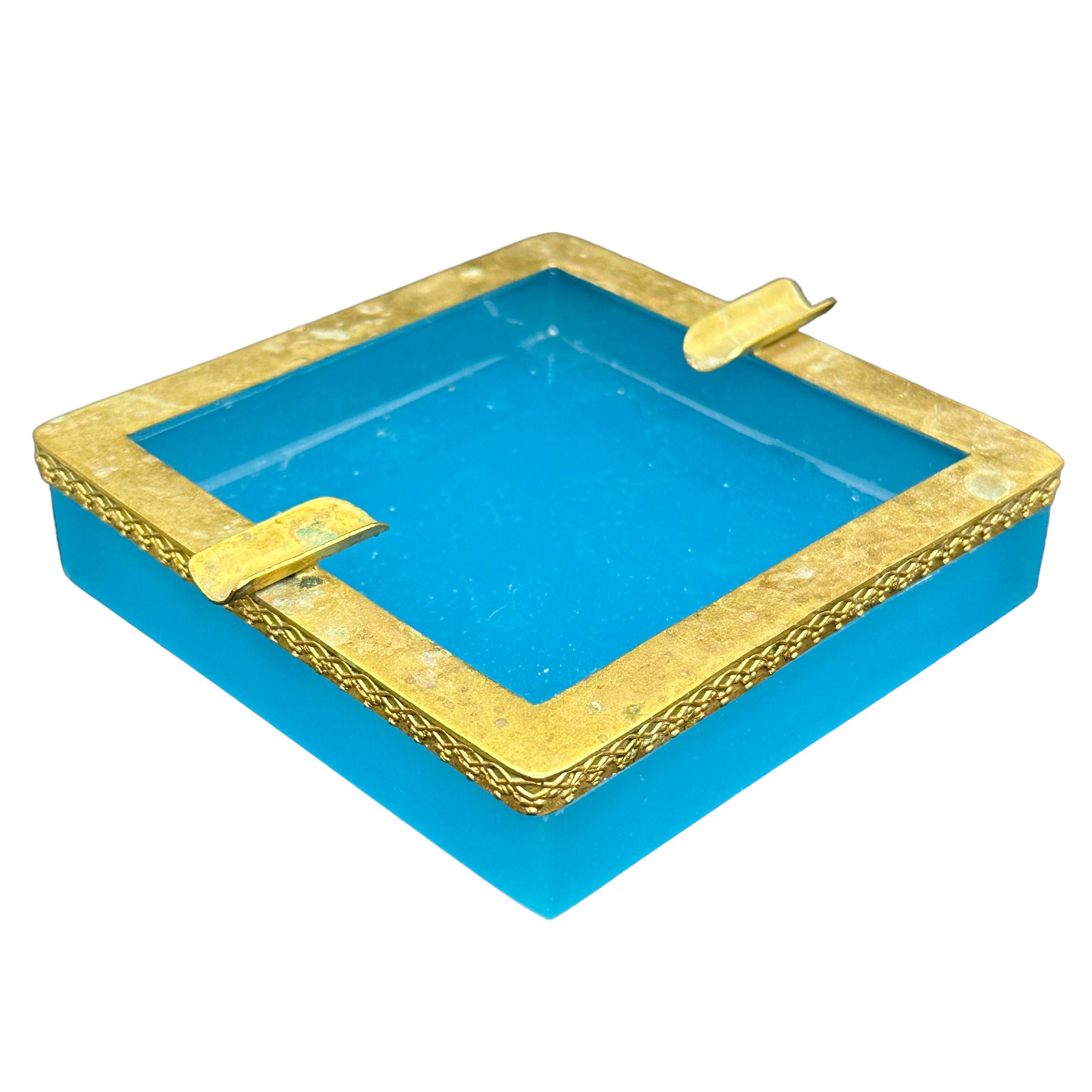 Empire Turquoise Opaline Glass Ashtray with Bronze Mounts, France Italy Early 20th Cent