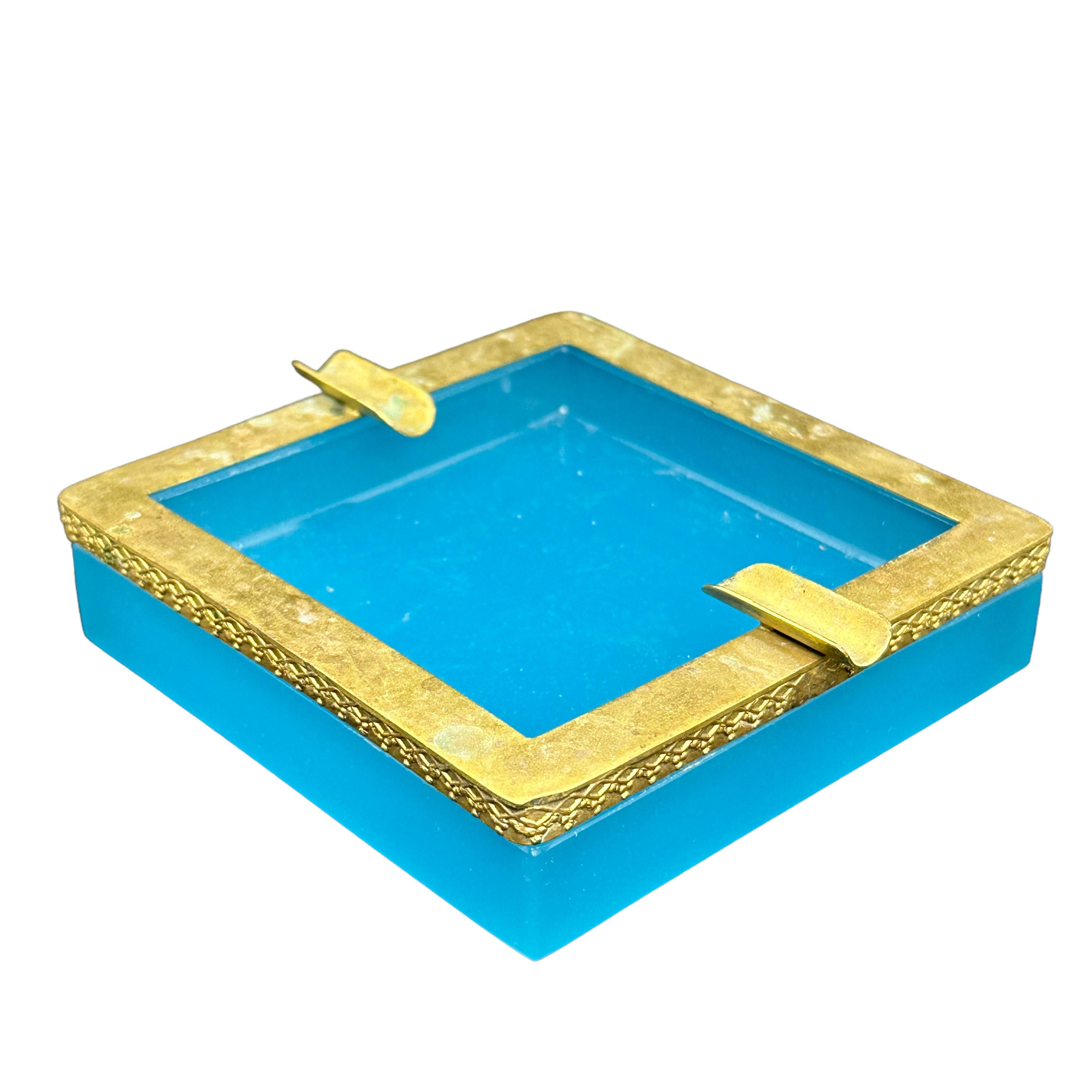 Italian Turquoise Opaline Glass Ashtray with Bronze Mounts, France Italy Early 20th Cent