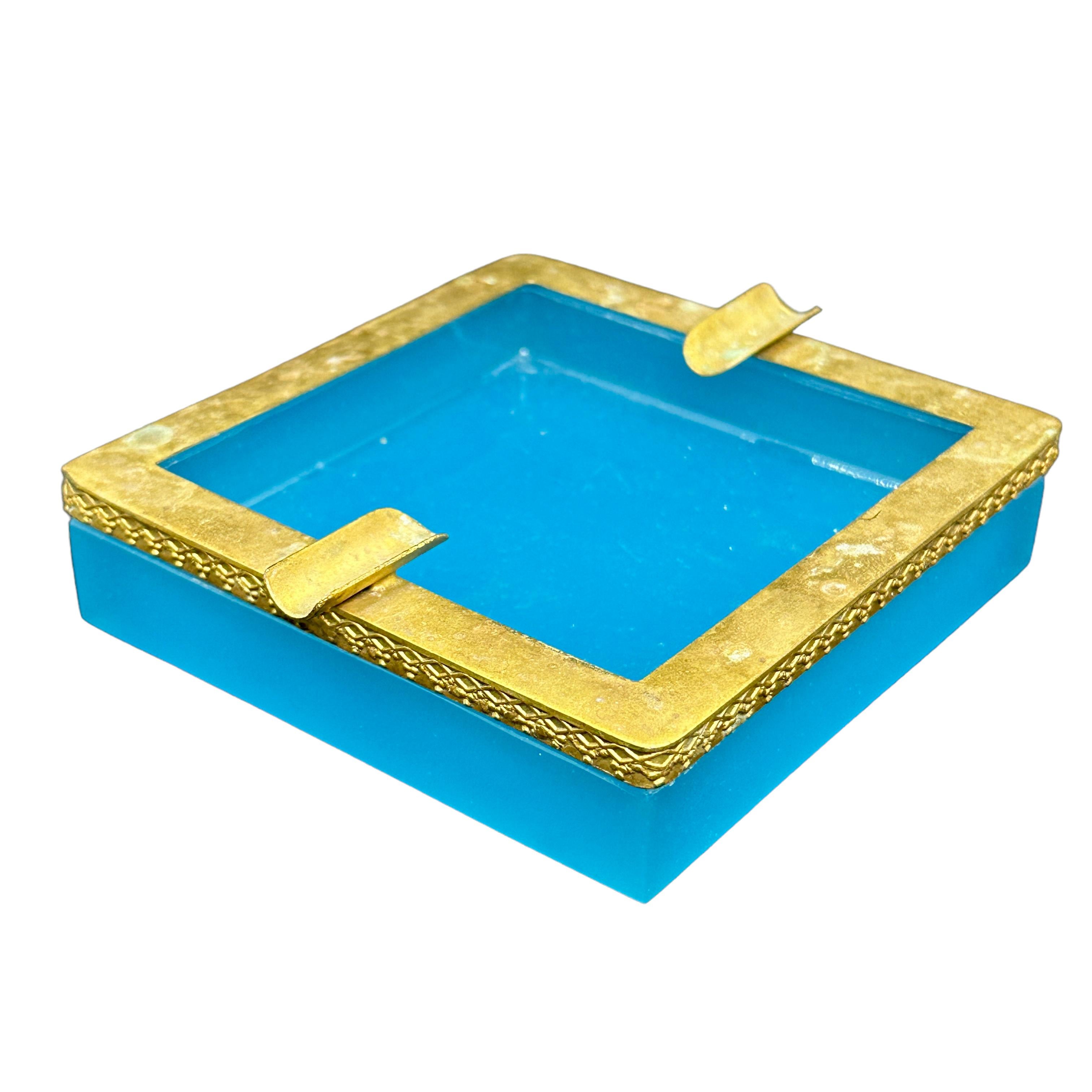 Gilt Turquoise Opaline Glass Ashtray with Bronze Mounts, France Italy Early 20th Cent