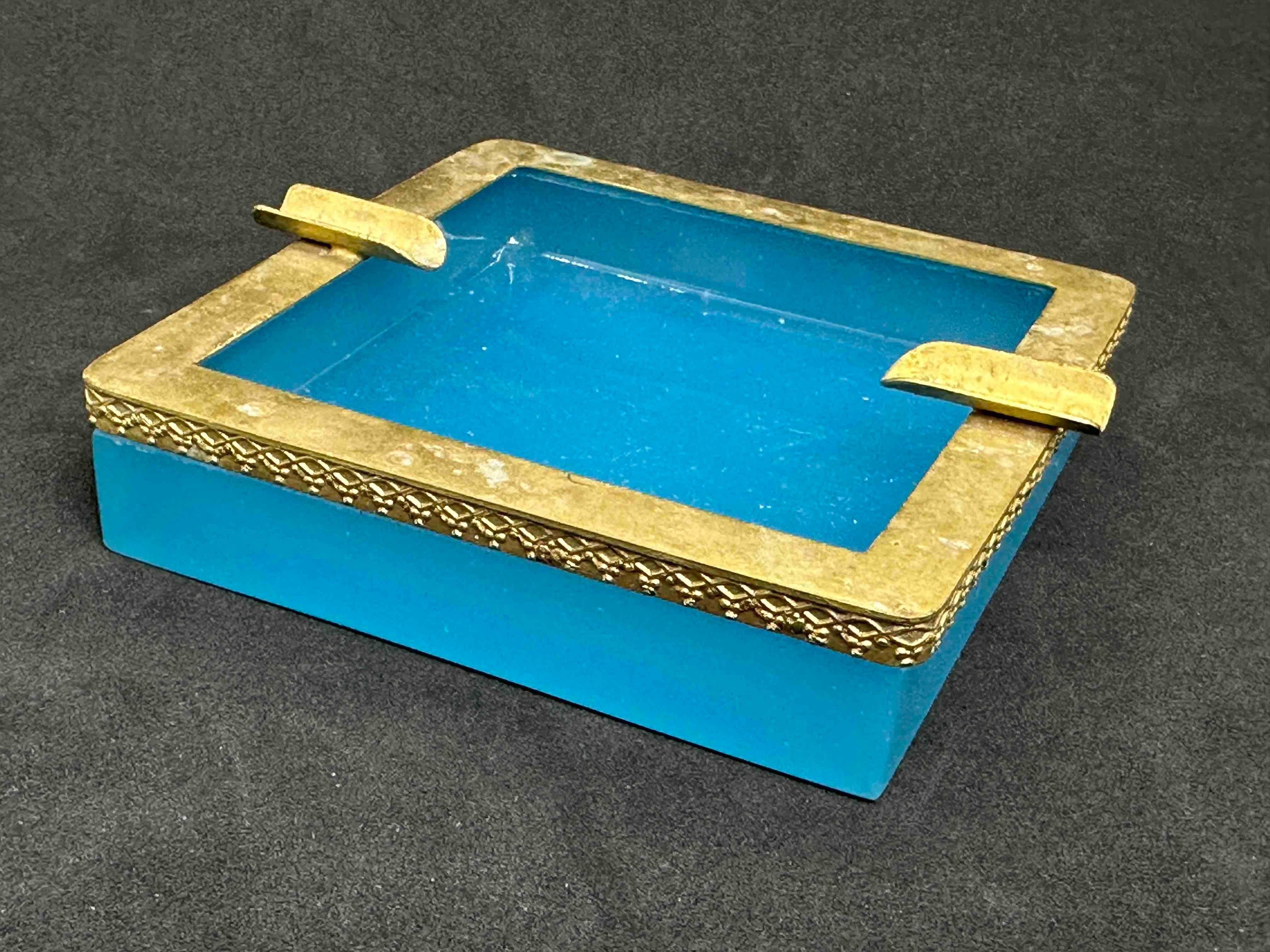Turquoise Opaline Glass Ashtray with Bronze Mounts, France Italy Early 20th Cent 2