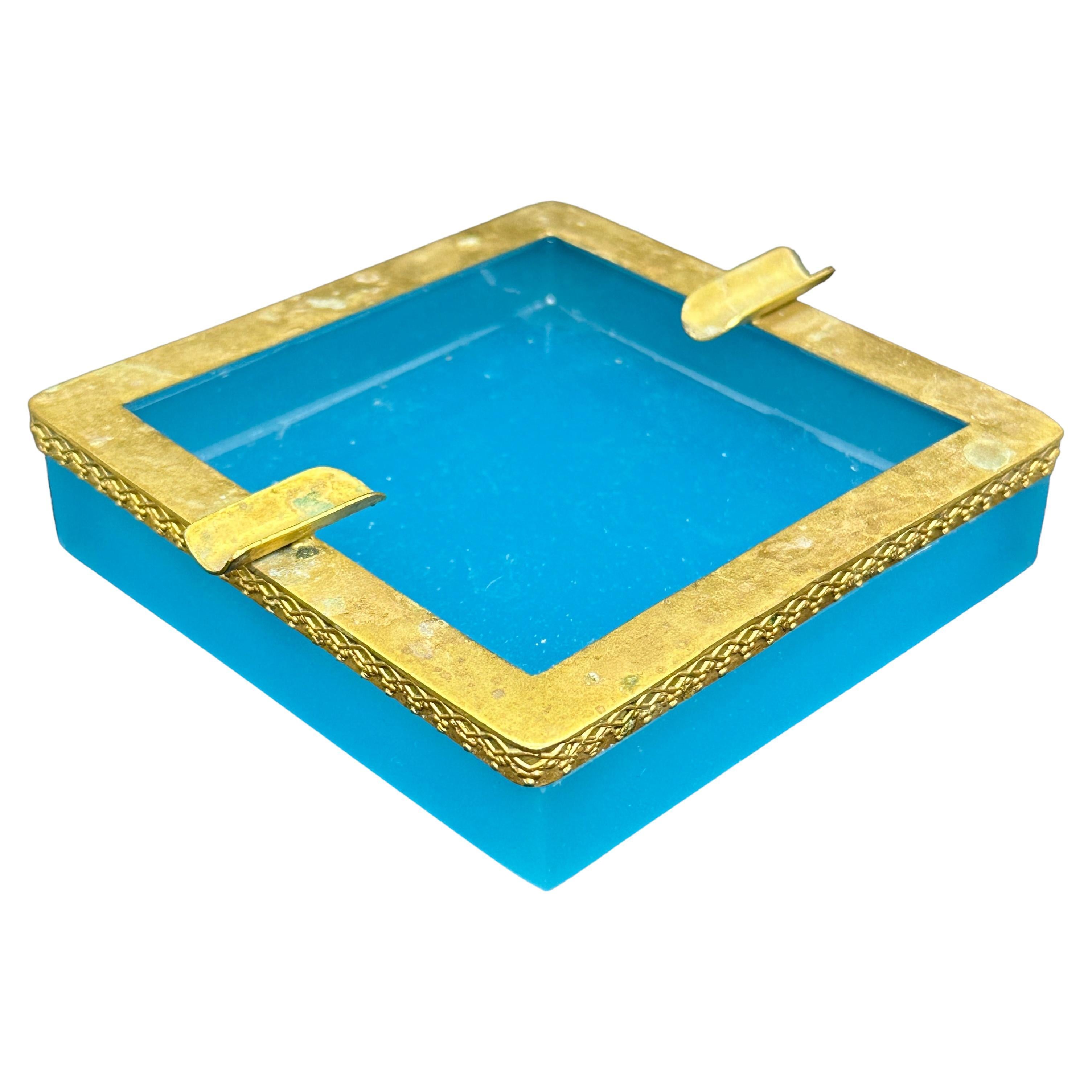 Turquoise Opaline Glass Ashtray with Bronze Mounts, France Italy Early 20th Cent