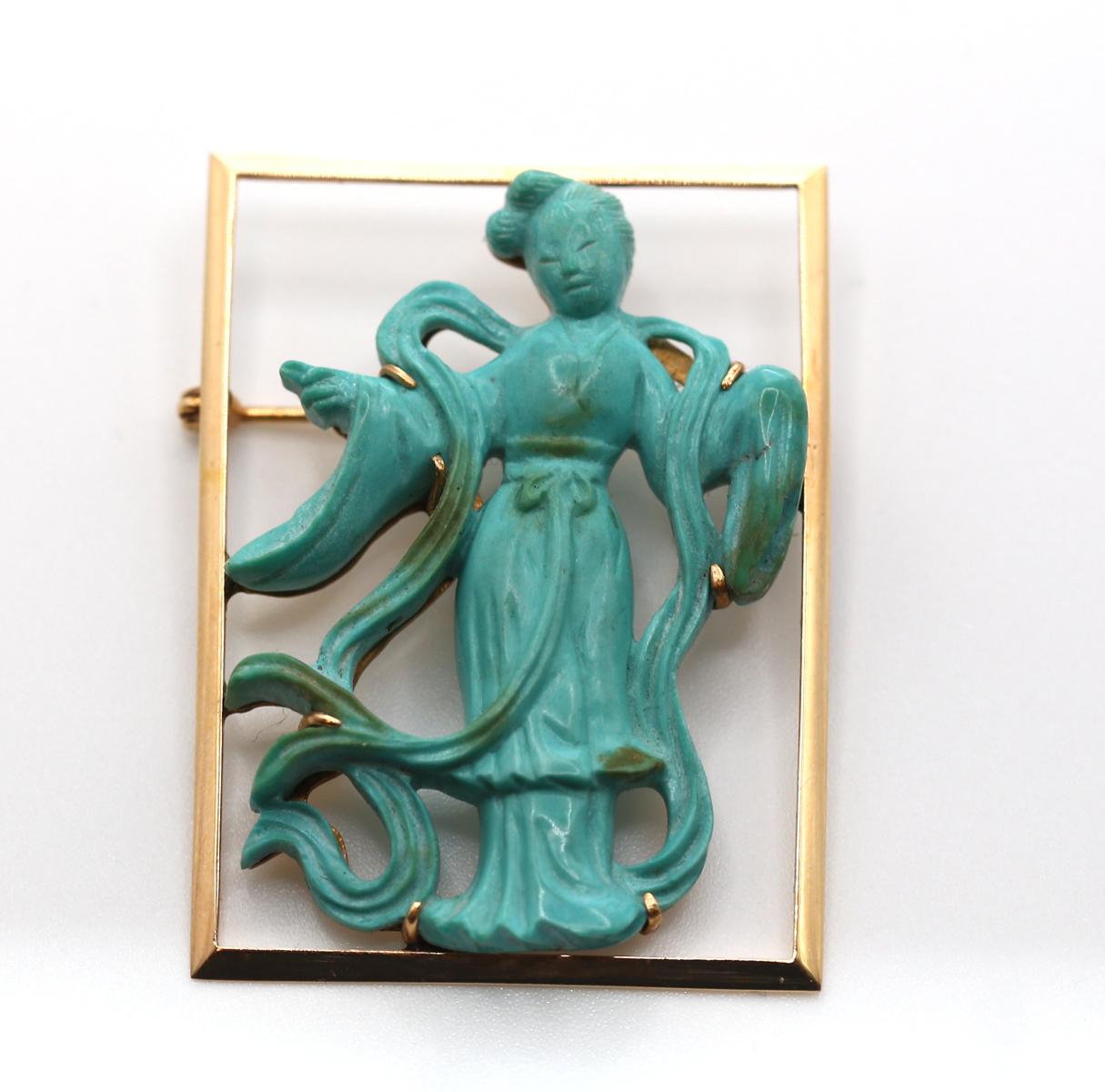 Türkis Orientalische weibliche Figur, Tänzerin, Goldbrosche, Sammlerstück, signiert, 1900 im Angebot 3