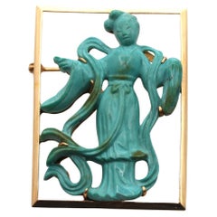 Broche de collection en or et turquoise représentant une danseuse orientale féminine, signée, 1900