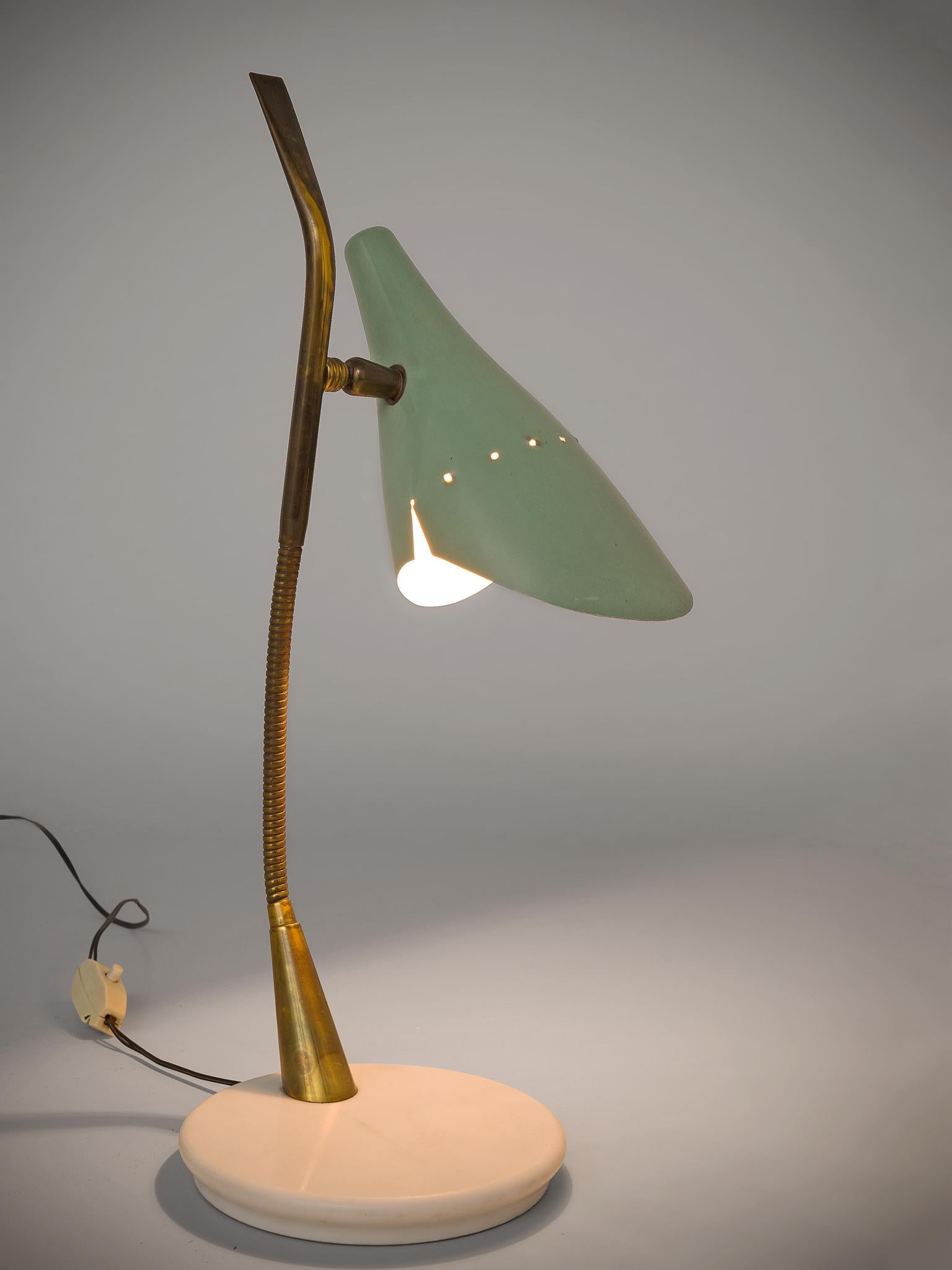 Oscar Torlasco, table lamp, green-blue metal, bras and marble, Italy, 1950s.

This 1950s adjustable sea green light is manufactured by Lumen. The metal shade is connected to a flexible brass colored brass arm resting on a round marble base. Very