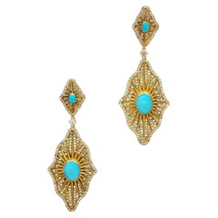 Turquoise Oval and Diamond Dangle Earrings in 18k Yellow Gold