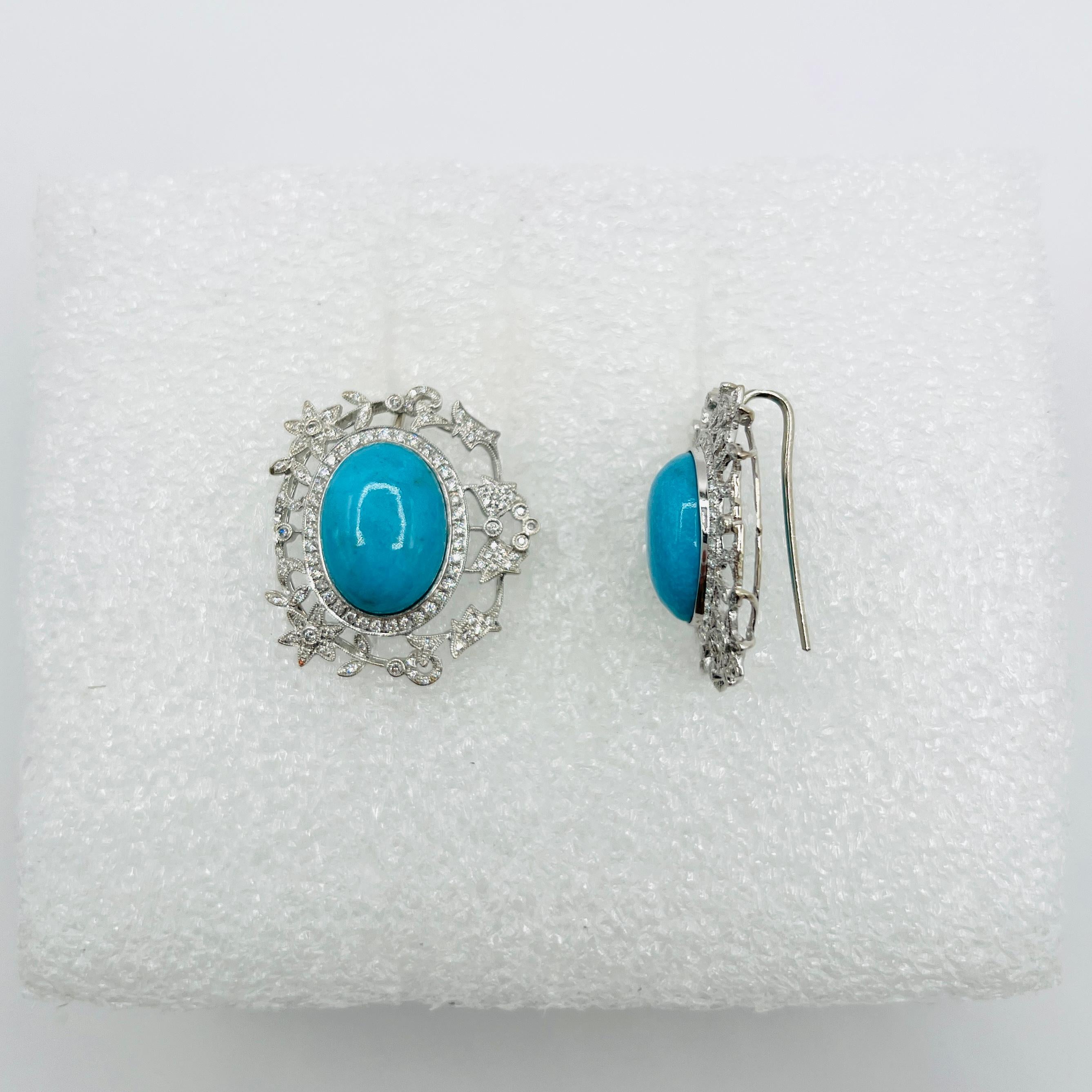 Orecchini con cabochon ovale di turchese e diamanti bianchi in oro bianco 18 carati In condizioni Nuovo in vendita a Los Angeles, CA