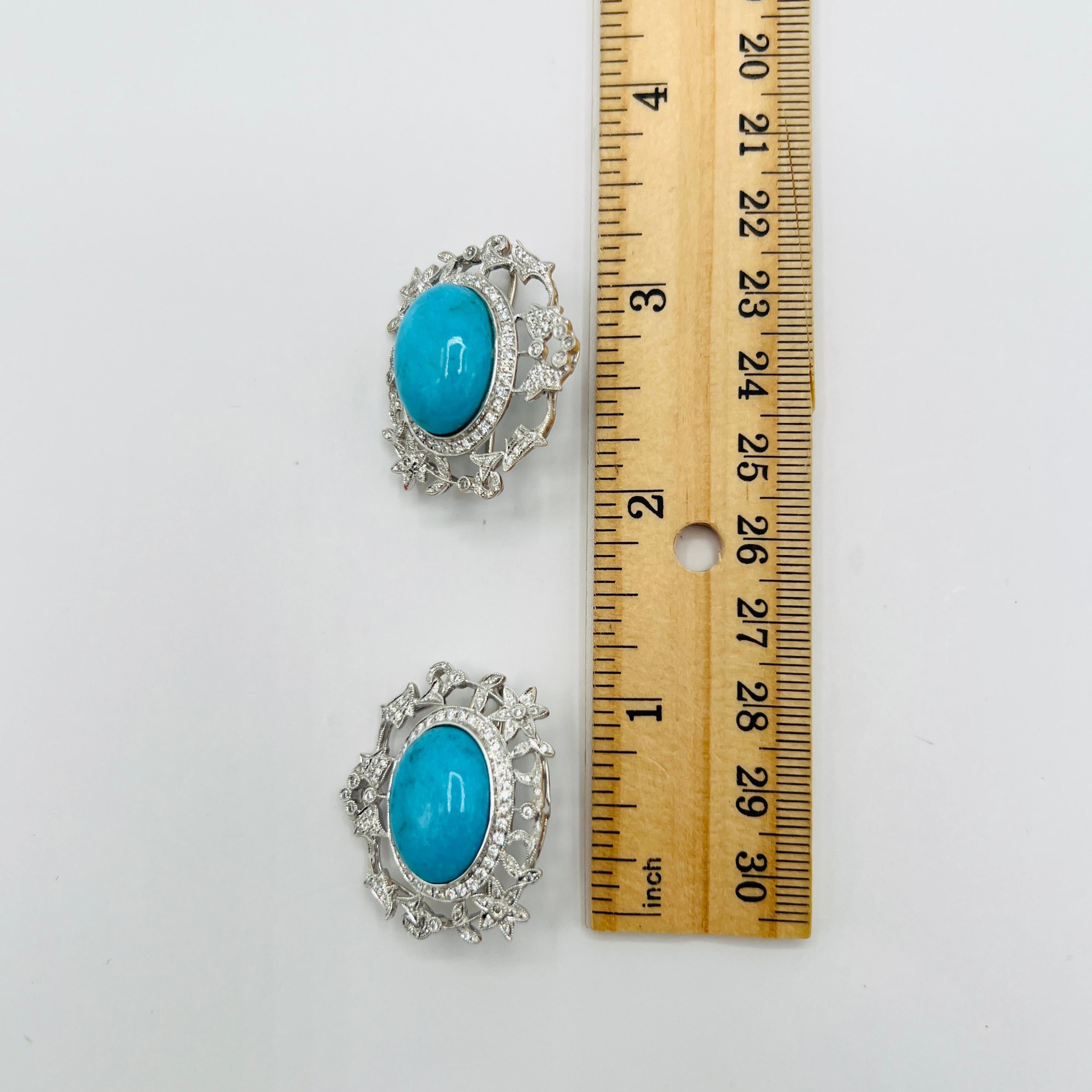 Orecchini con cabochon ovale di turchese e diamanti bianchi in oro bianco 18 carati in vendita 1