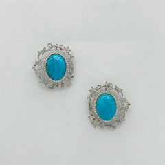 Turquoise Oval Cabochon and White Diamond Earrings in 18K White Gold Turquoise Oval Cabochon and White Diamond Earrings in 18K White Gold