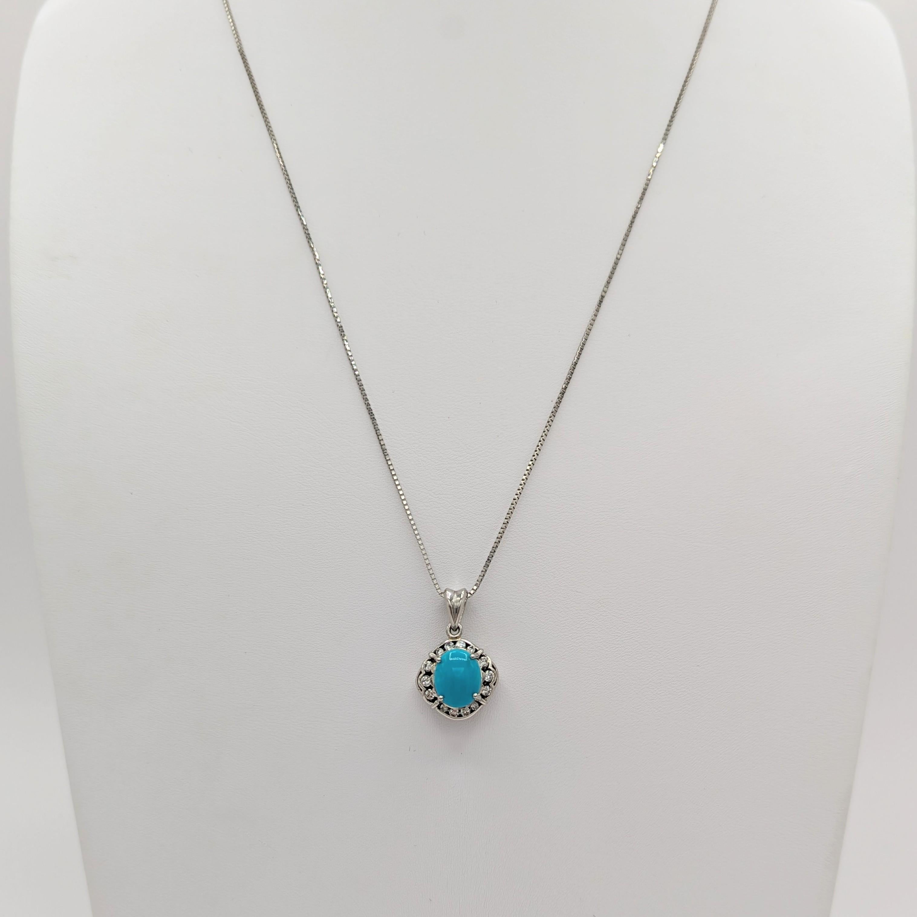 Women's or Men's Turquoise Oval Cabochon and White Diamond Necklace in Platinum