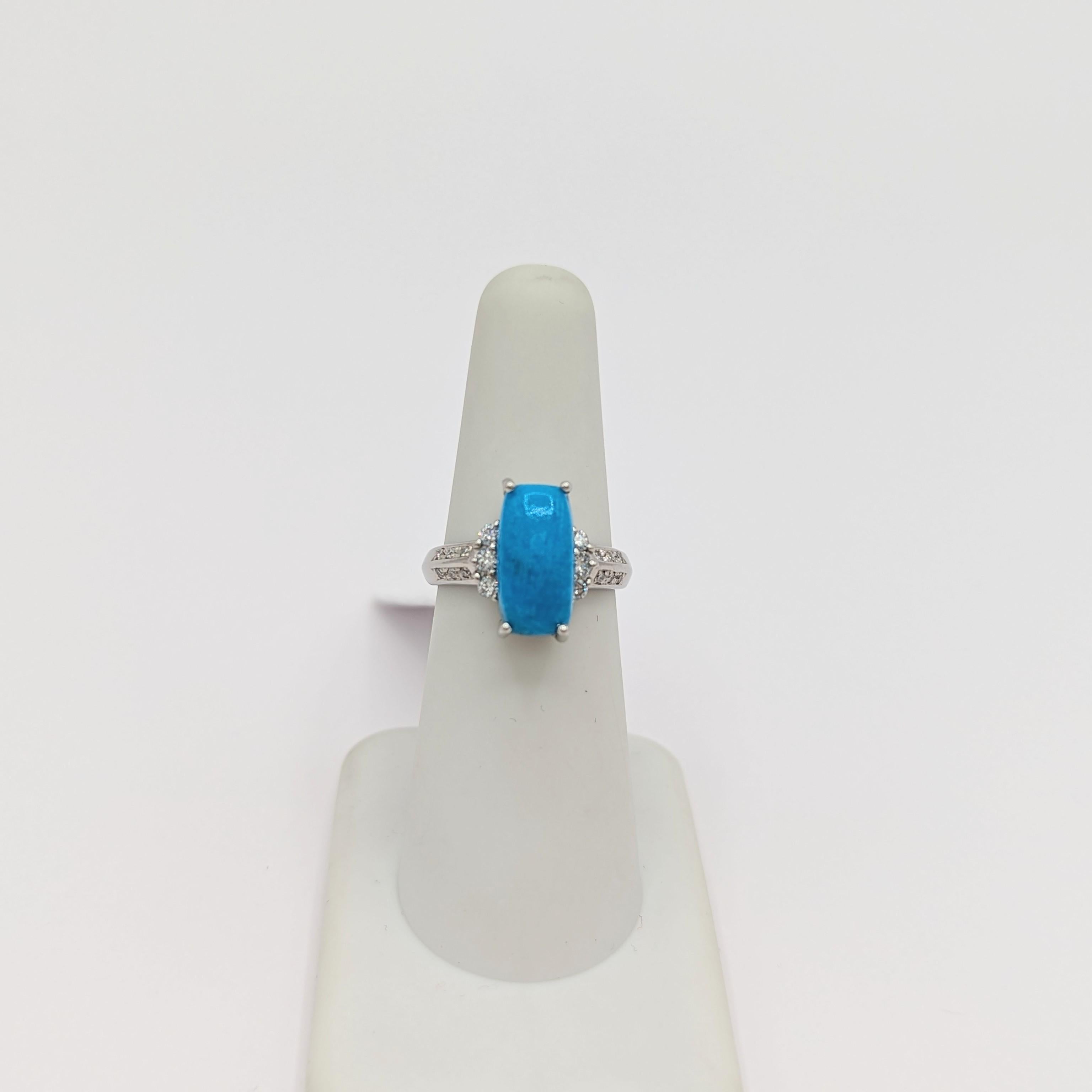 Turquoise Oval Cabochon and White Diamond Ring in Platinum For Sale 3