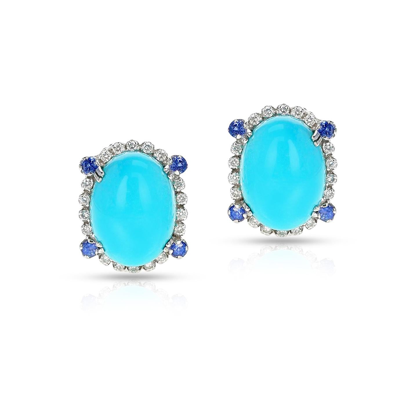 Turquoise Oval Cabochon Earrings with Diamonds and Sapphire, 18k For Sale 1