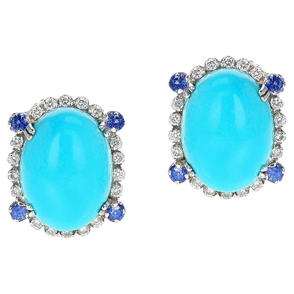 Boucles d'oreilles cabochons ovales en turquoise avec diamants et saphirs, 18 carats