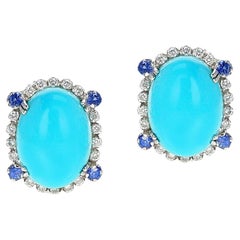 Boucles d'oreilles cabochons ovales en turquoise avec diamants et saphirs, 18 carats