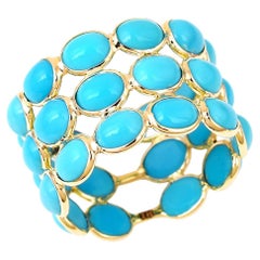 Turquoise Oval Cabochon Triple Line Band, Yellow Gold