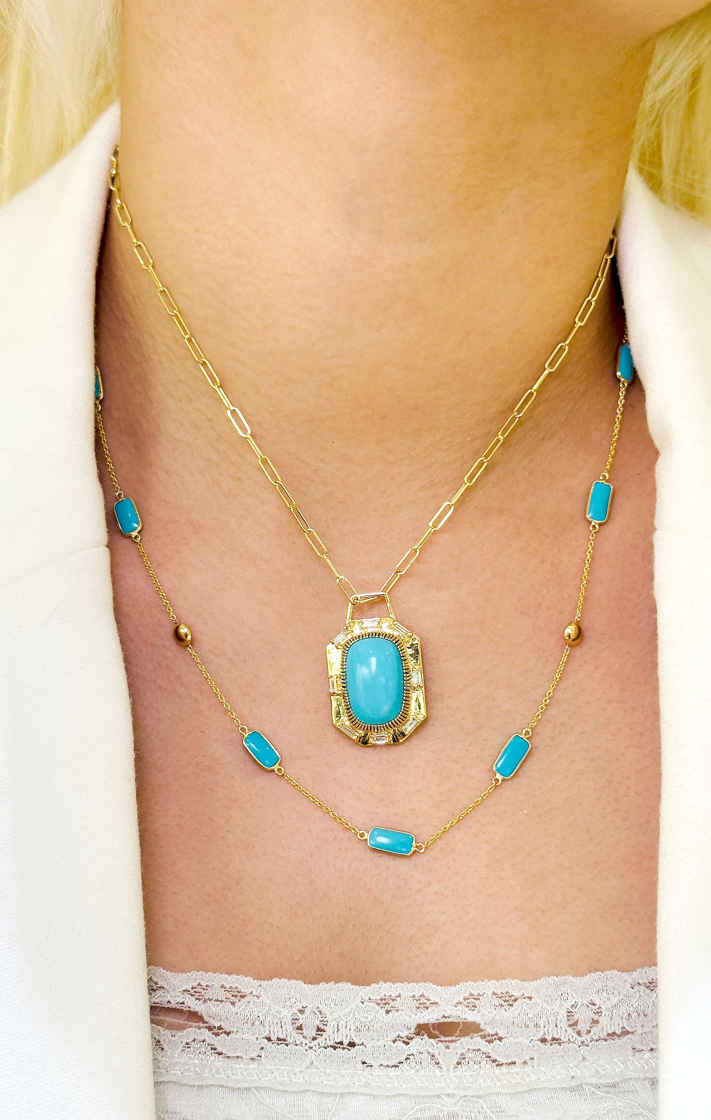 Tresor Beautiful Pendant features 8.89 carats of Turquoise & 0.35 carats Diamond. The Pendant are an ode to the luxurious yet classic beauty with sparkly gemstones and feminine hues. Their contemporary and modern design make them versatile in their
